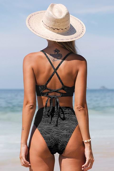 Black Floral Jacquard Scalloped Bralette & High Waist Bikini Set