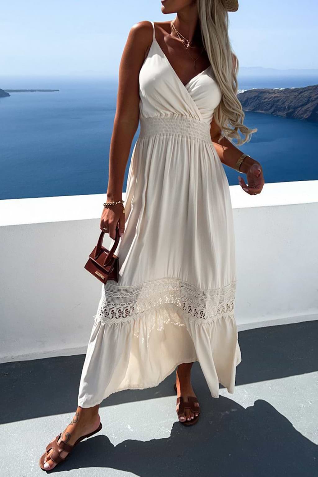 Lace-Trim Cami Straps White Maxi Cover-up Dress