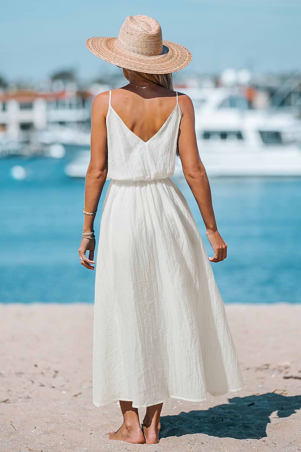 Parelmoeren schelpwitte maxi-jurk