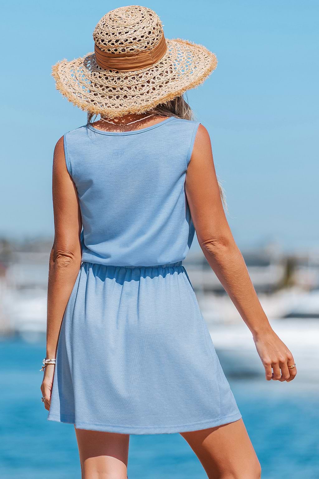 Robe cover up courte bleue col rond