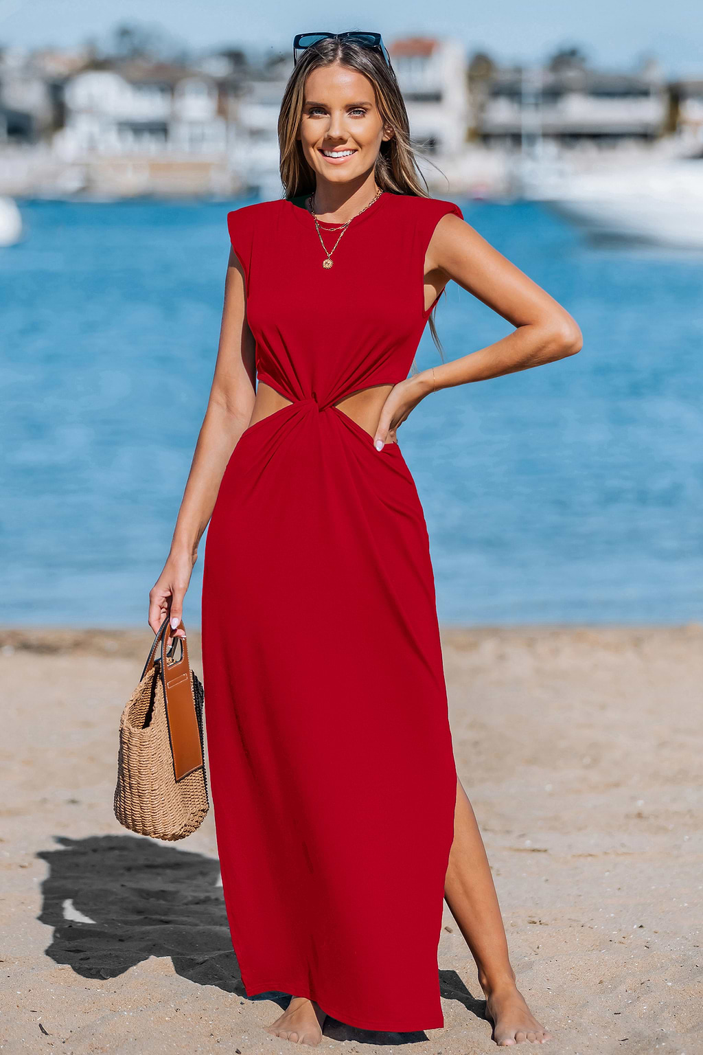 Rotes Ärmelloses Cut-out Maxikleid