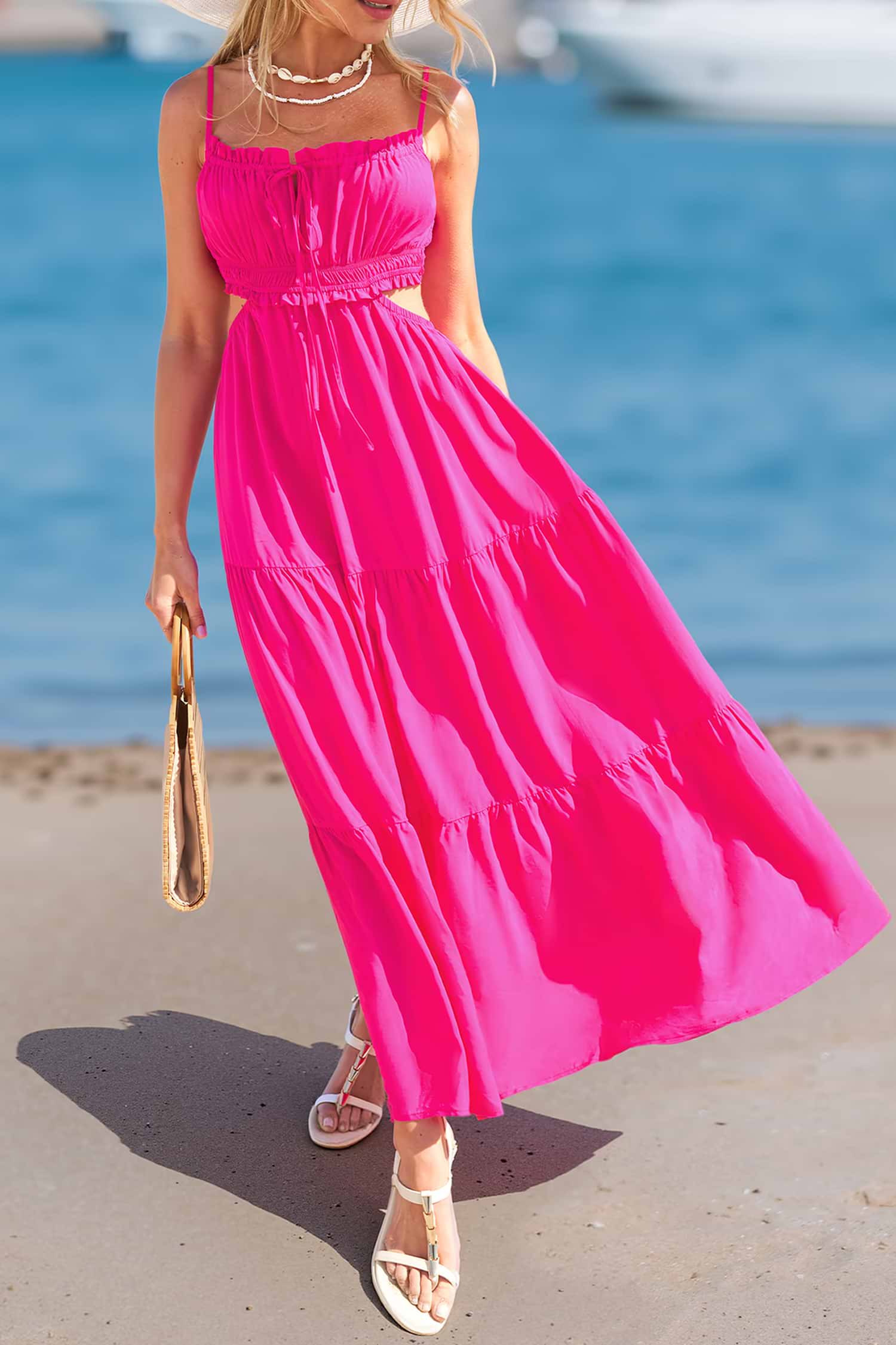 一番人気物 Pink Boho Square Neck Sleeveless Midi Dress ピアス