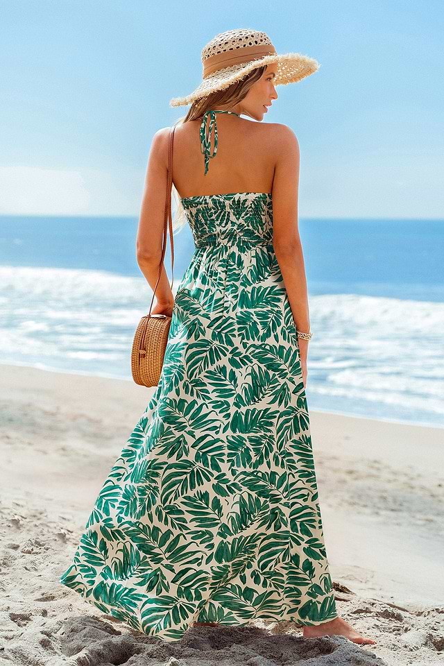 tropical halter maxi dress Jules Sleeveless Halter Open Back Tropical Print Maxi Dress Green SMALL