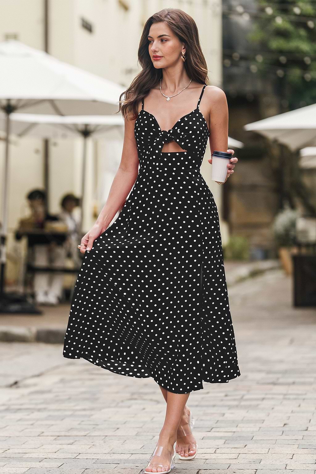 Robe longue à pois col V sans manches