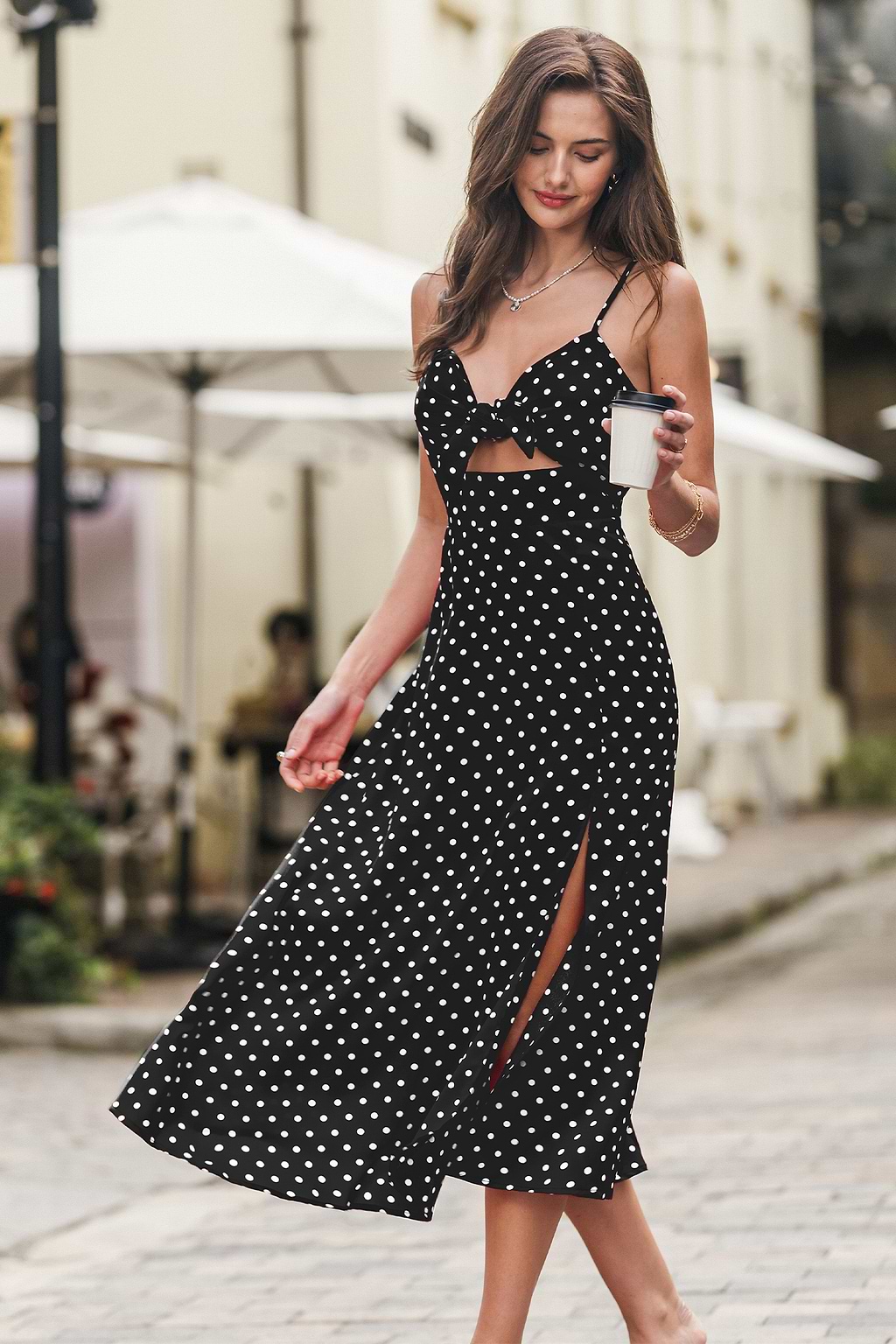 Robe longue à pois col V sans manches