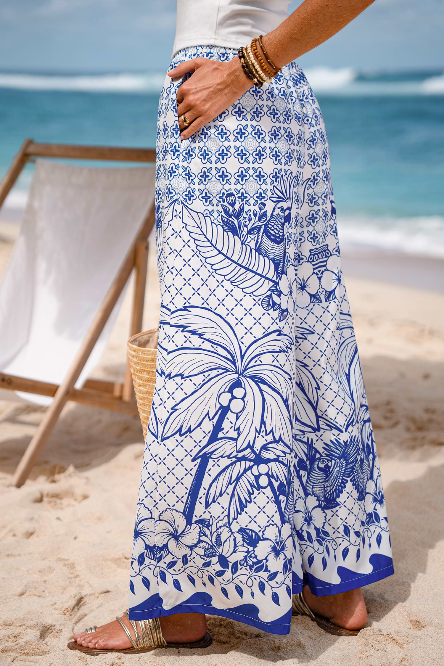 Blue Tropical Wide Leg Pants with Elastic Waist for Beach Vacation