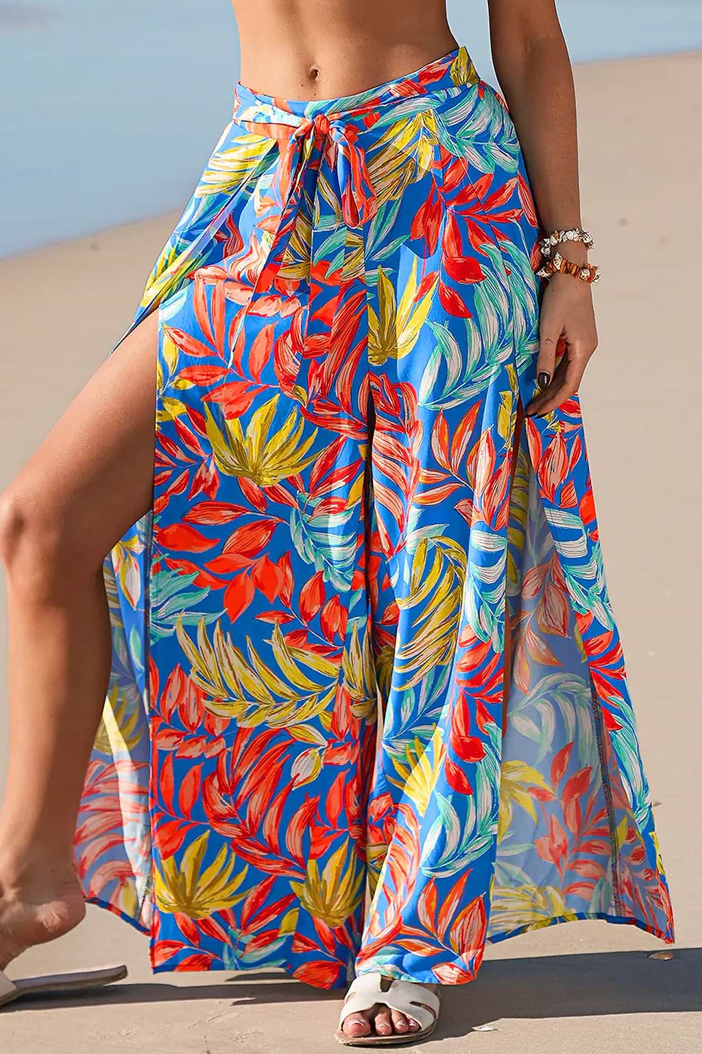 Pantalon cover up tropical tissée jambe large