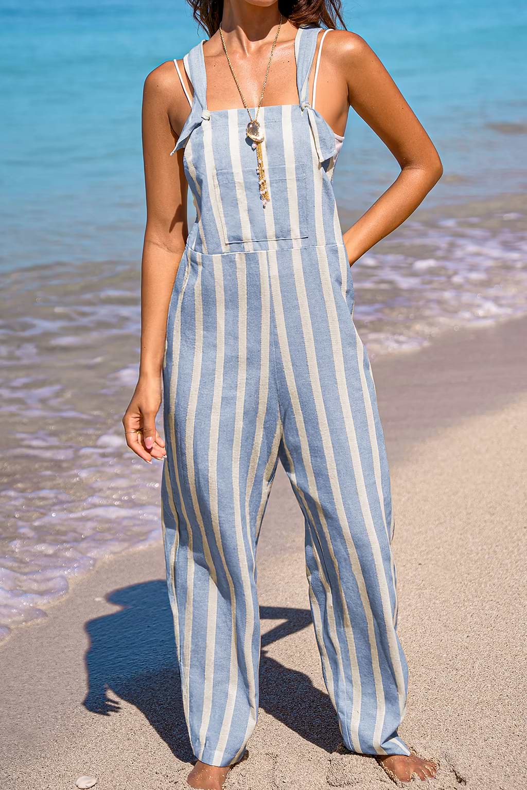Blau gestreifter Quadratischer Ausschnitt Jumpsuit