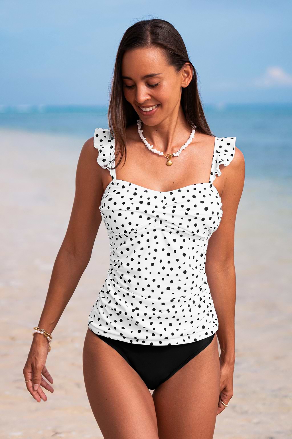 Tankini à pois col cœur et bas taille haute