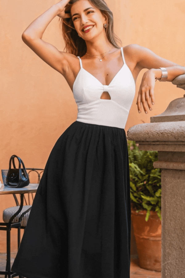 Vestido midi bicolor con brillo oculto