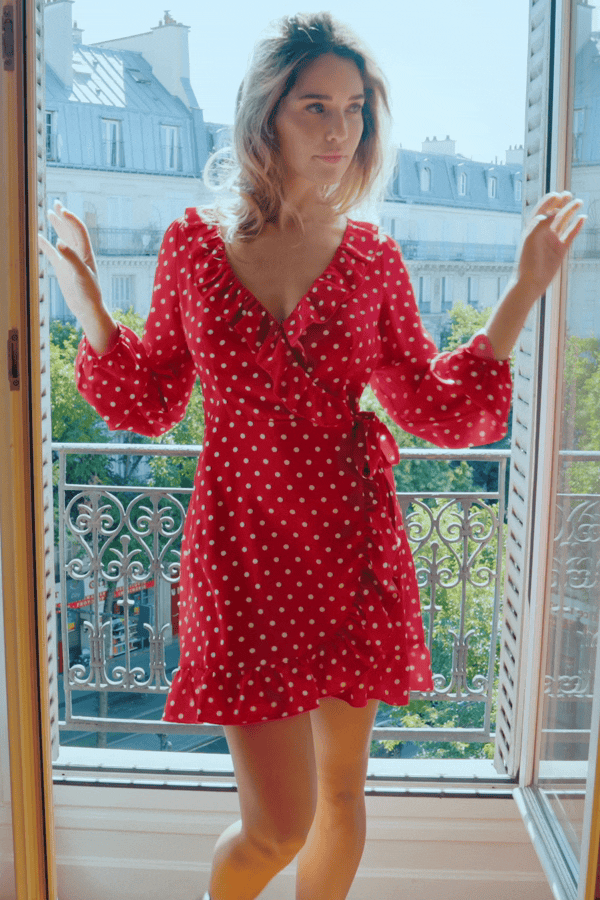 Polka Dot Lange Ärmel Mini-Wickelkleid mit Taillengürtel