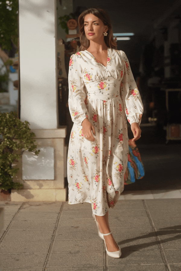 Beiges V-Ausschnitt Lange Ärmel Geblümtes Maxikleid