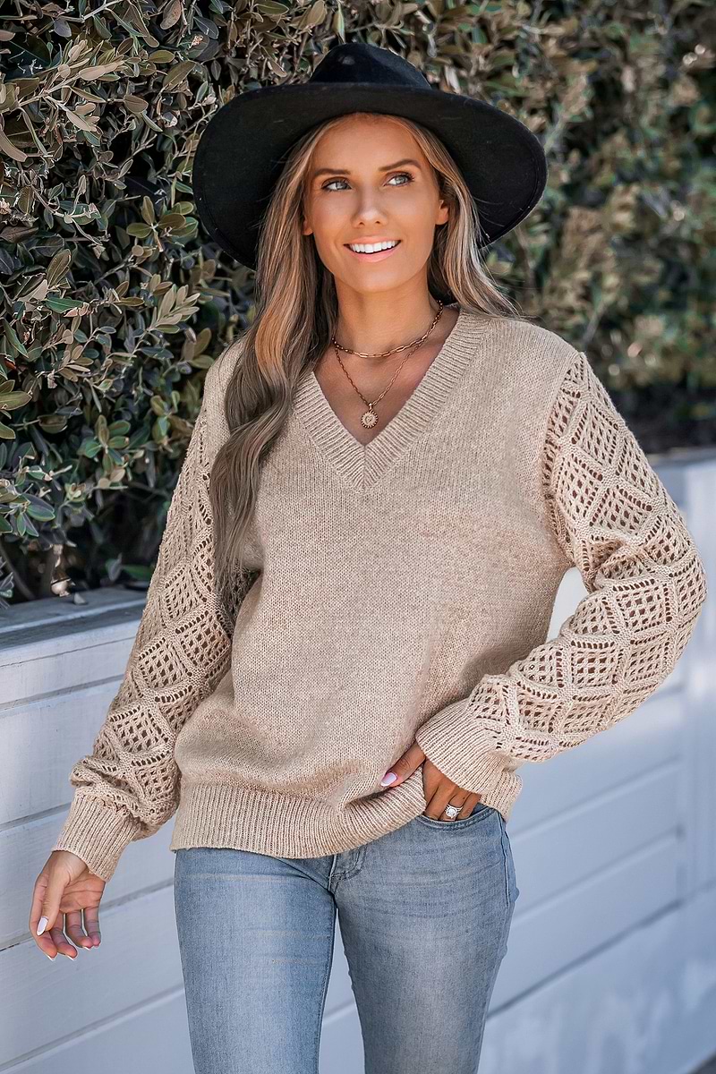 Khaki V-Neck Crochet Sleeve Sweater