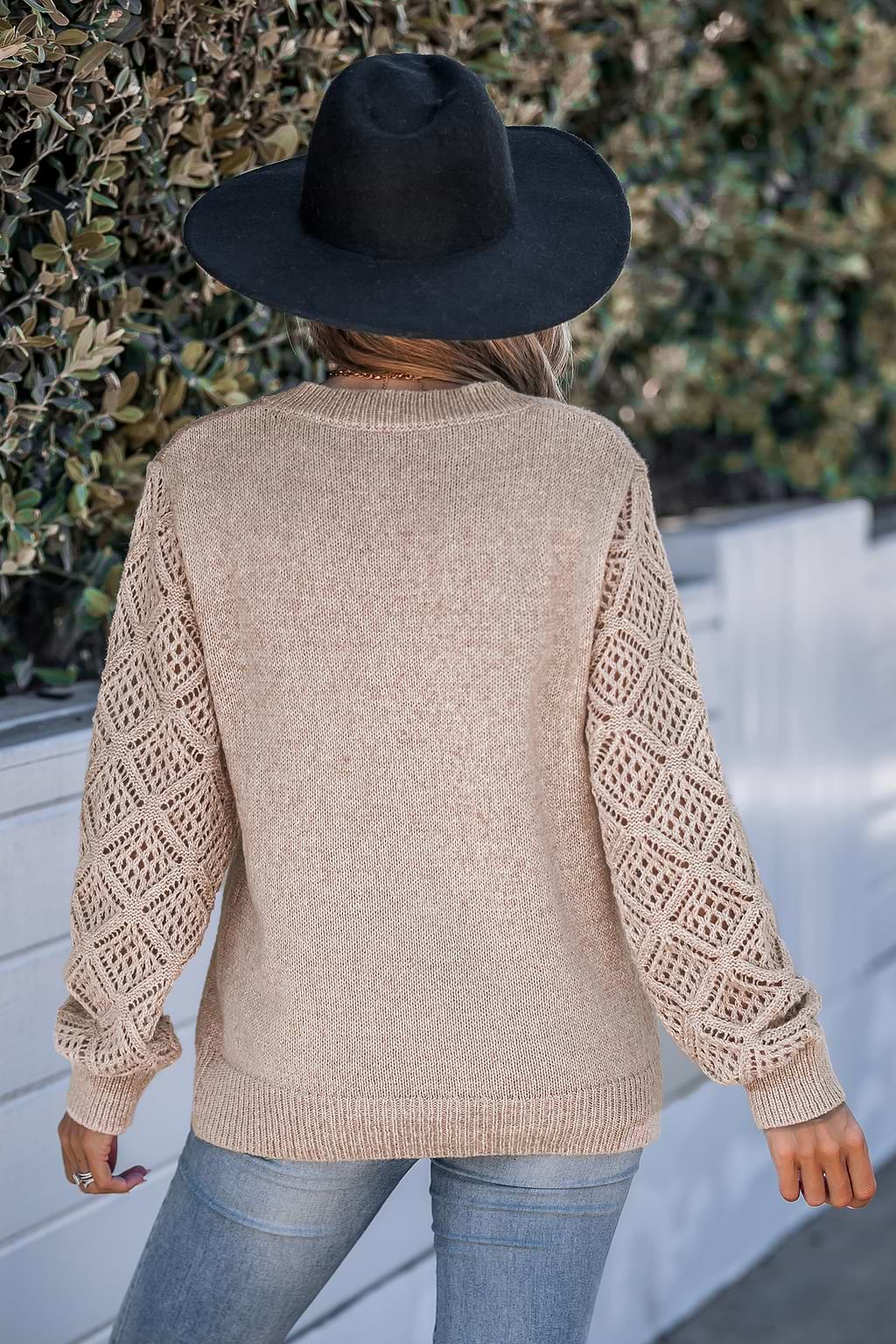 Khaki V-Neck Crochet Sleeve Sweater