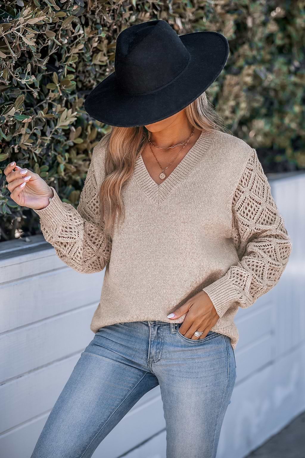 Khaki V-Neck Crochet Sleeve Sweater