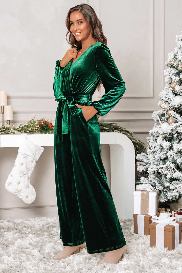 Green Velvet Long Sleeve Straight Leg Jumpsuit
