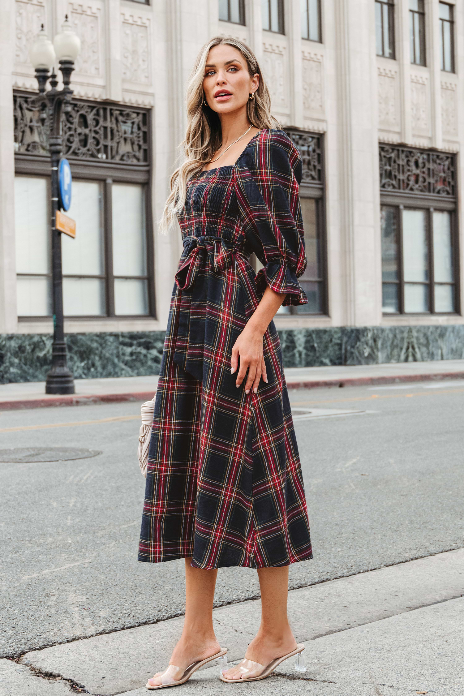 X Gabby Windey Burgundy Belted Plaid Smocked Maxi Dress