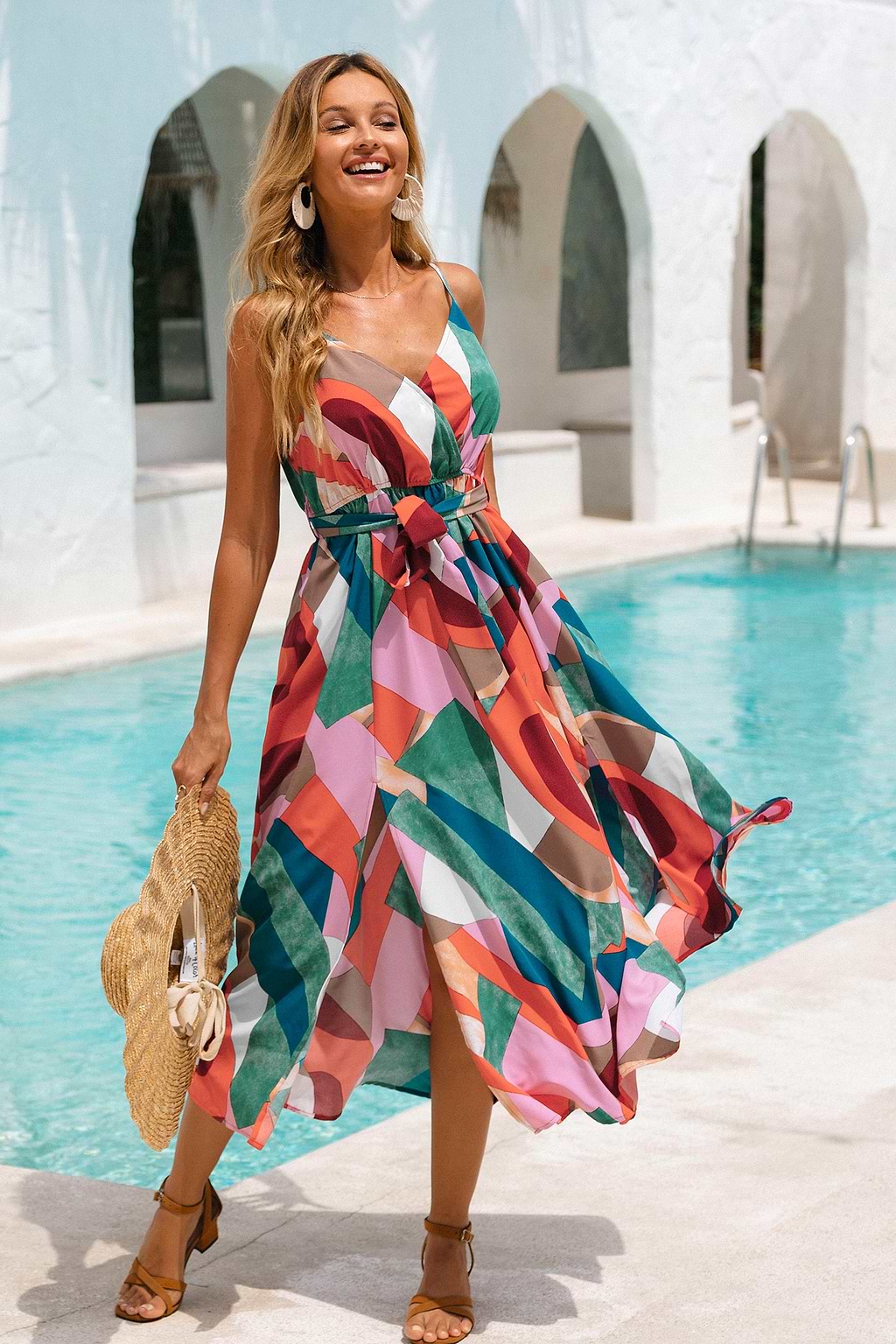 Belted Abstract Print Maxi Dress