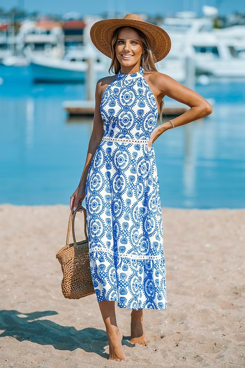 Blue & White Ornate Halterneck Sleeveless Midi Dress