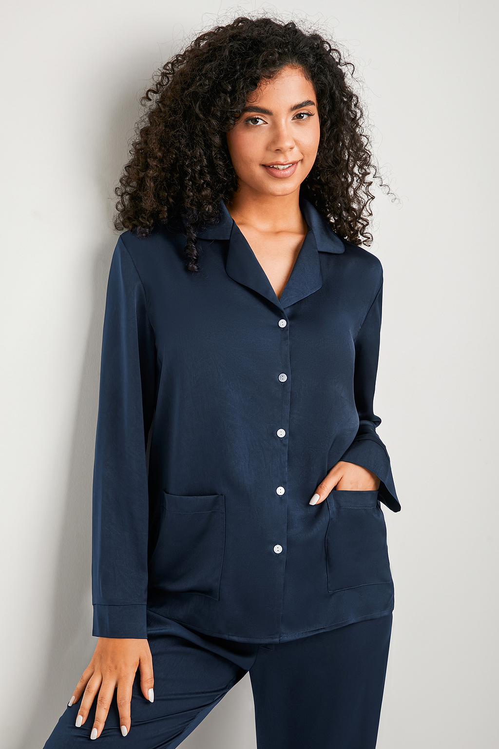 Blue Satin Collared Pajama Top & Pants Set