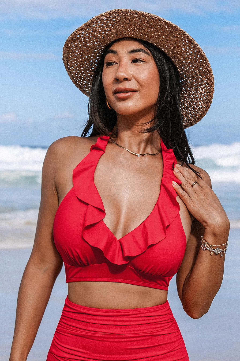Super Bloom Red Halter Ruffled Bikini Top