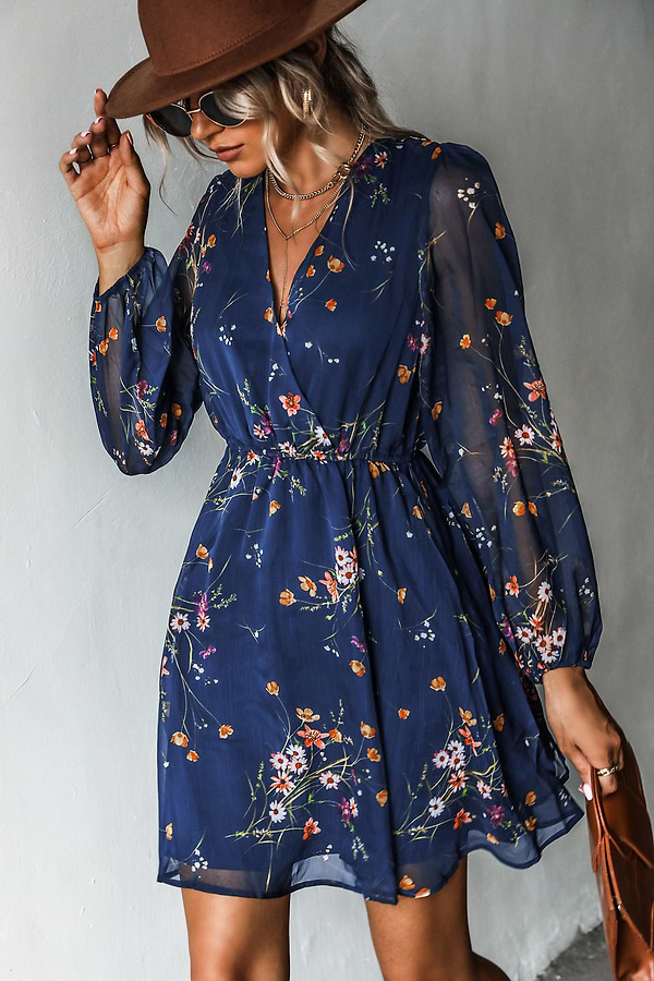 fitted lace wedding dress Women's Boho Floral Mini Dress Long Sleeve Tie Neck Casual Flowy Loose main image 0
