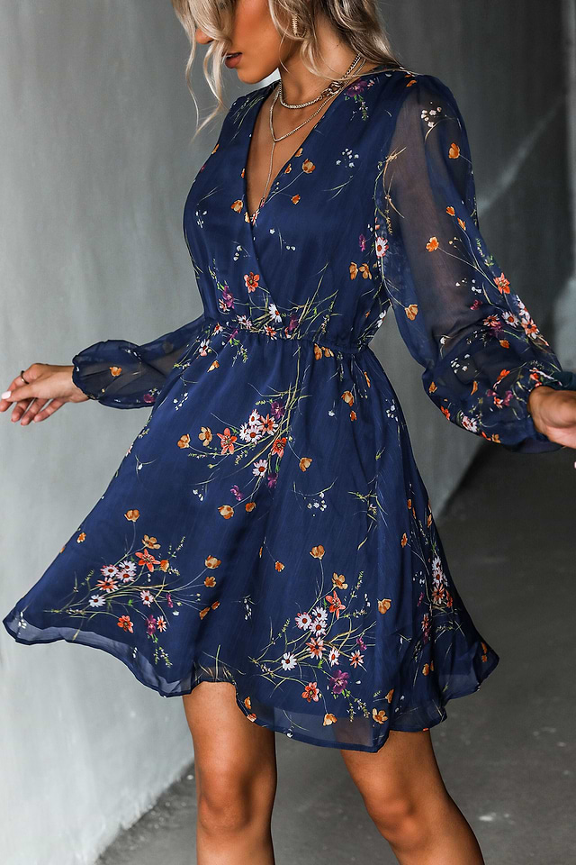 floral chiffon peasant sleeve dress Blooming Fields Floral Chiffon Peasant Mini Dress Black / L