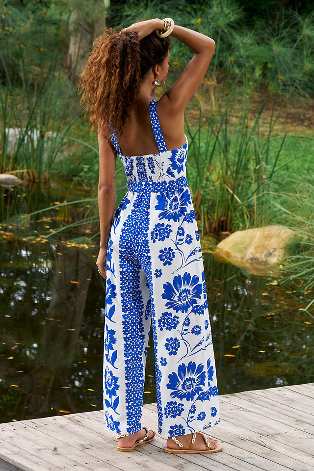 Square Neck Floral Jumpsuit with Straight Legs for Vacation