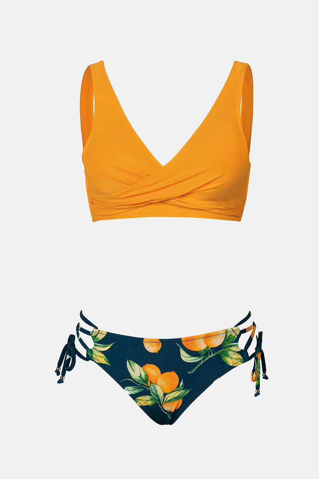 Yellow Wrap Front & Floral Print Tie Side Bikini Set