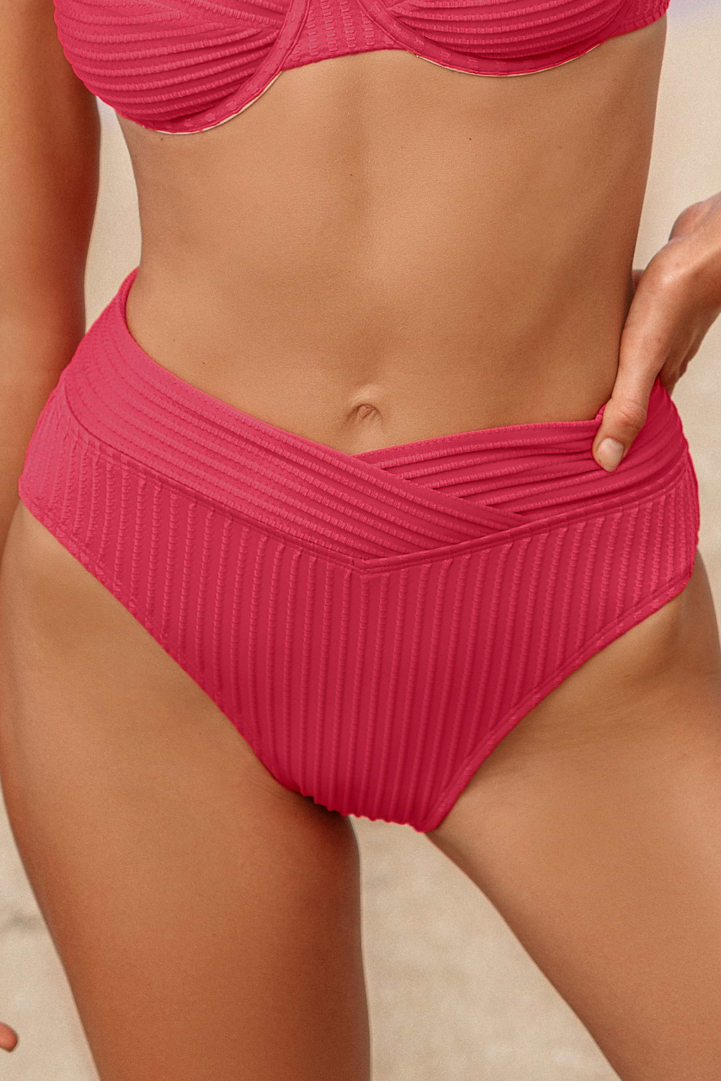 Berry Rib Overlap High-Waist Bikini Bottoms