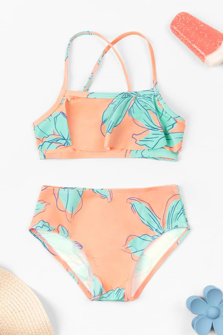 Girls’ Blooming Flowers Ruffle Bandeau And High Waist Set