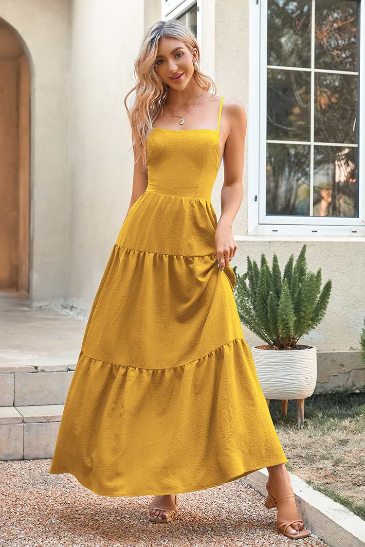 Vestido amarillo en forma de A Tirantes ajustables Lace Up