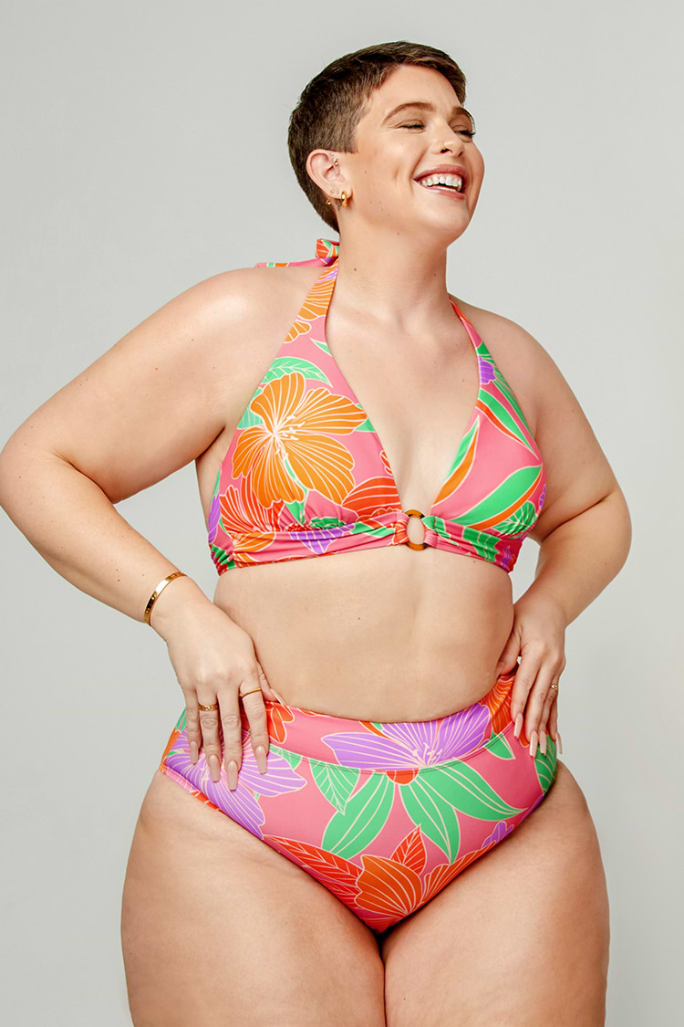 Florales Neckholder und High Waist Bikini Set in großen Größen