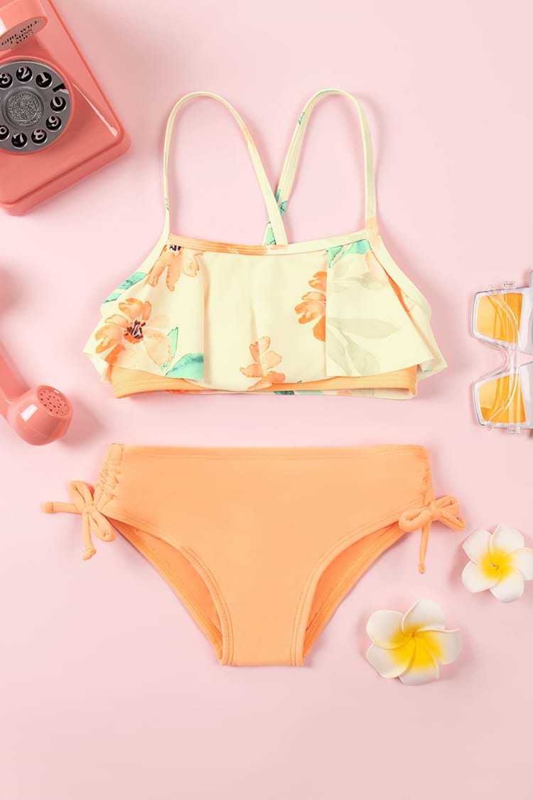 Girls' Relaxing Flowers Ruffled Bandeau Top and Hipster Set