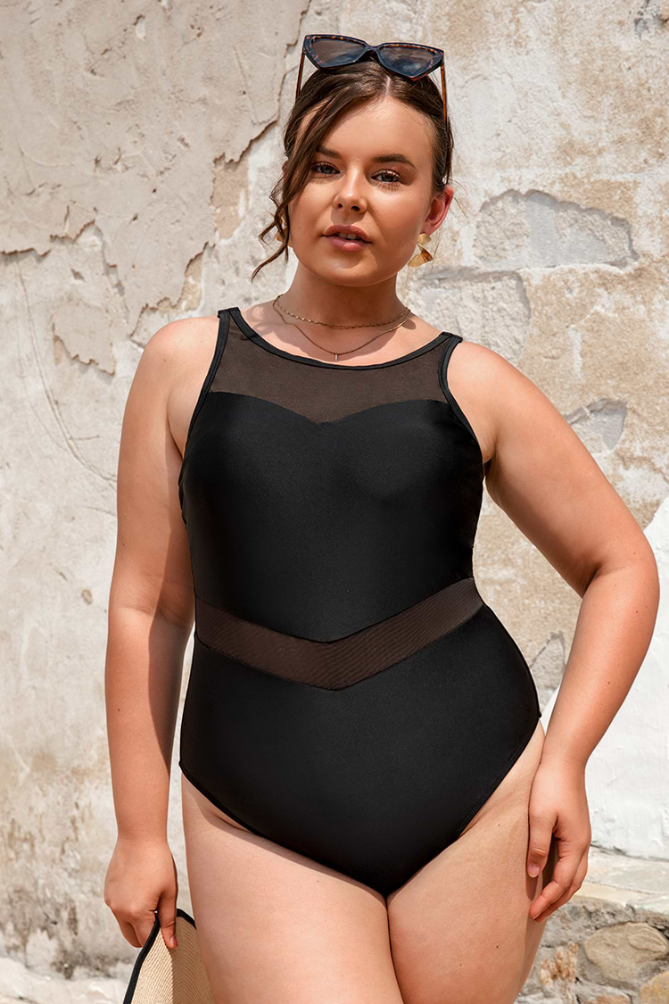 Palm Beach Nights Black Mesh High Neck Plus Size One Piece