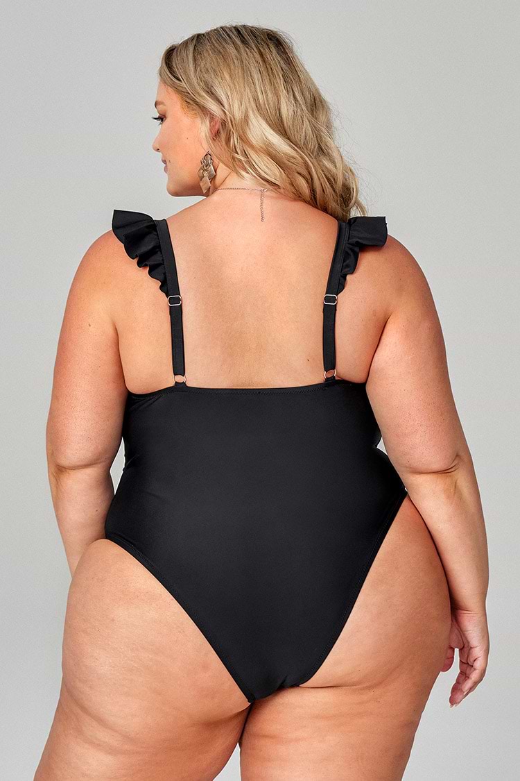 Maillot de bain une pièce grande taille noir à volants
