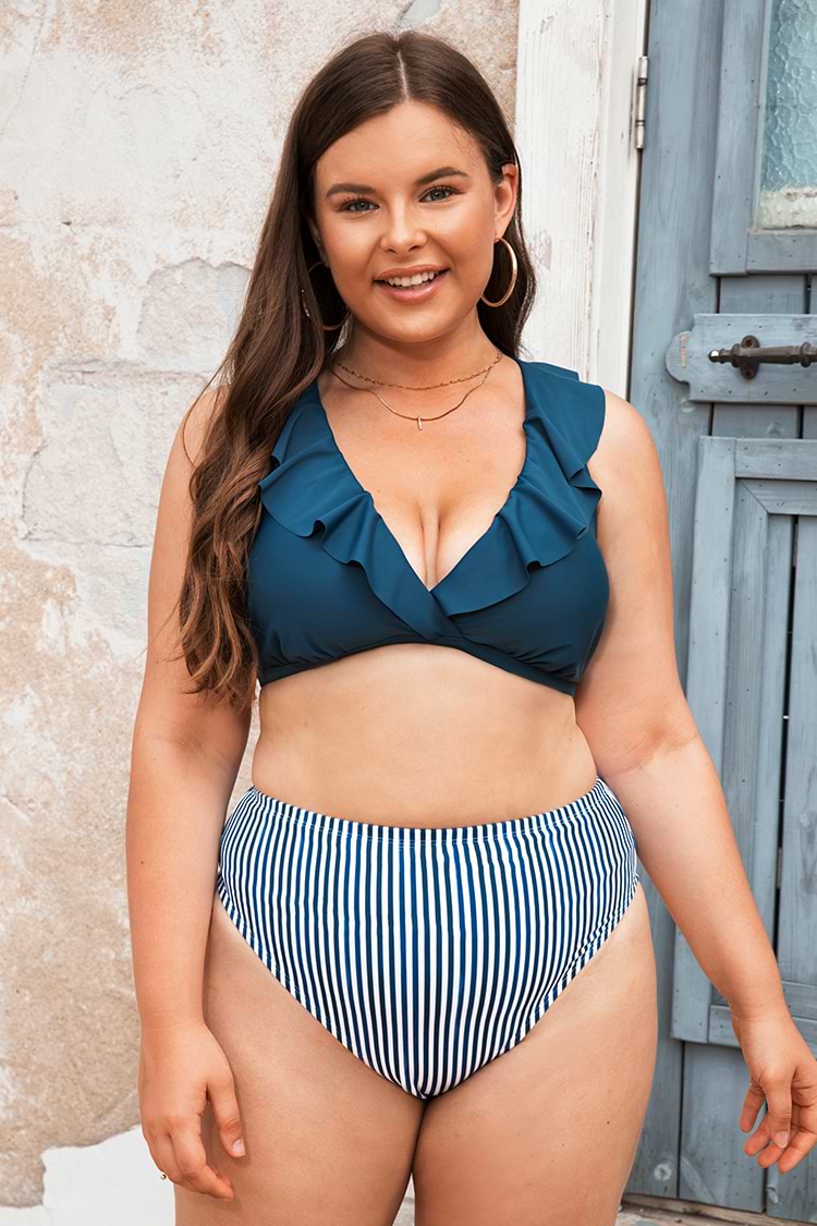 Geraffte Schnürung Bralette & Küsten-Streifen Große Größen Bikini Set