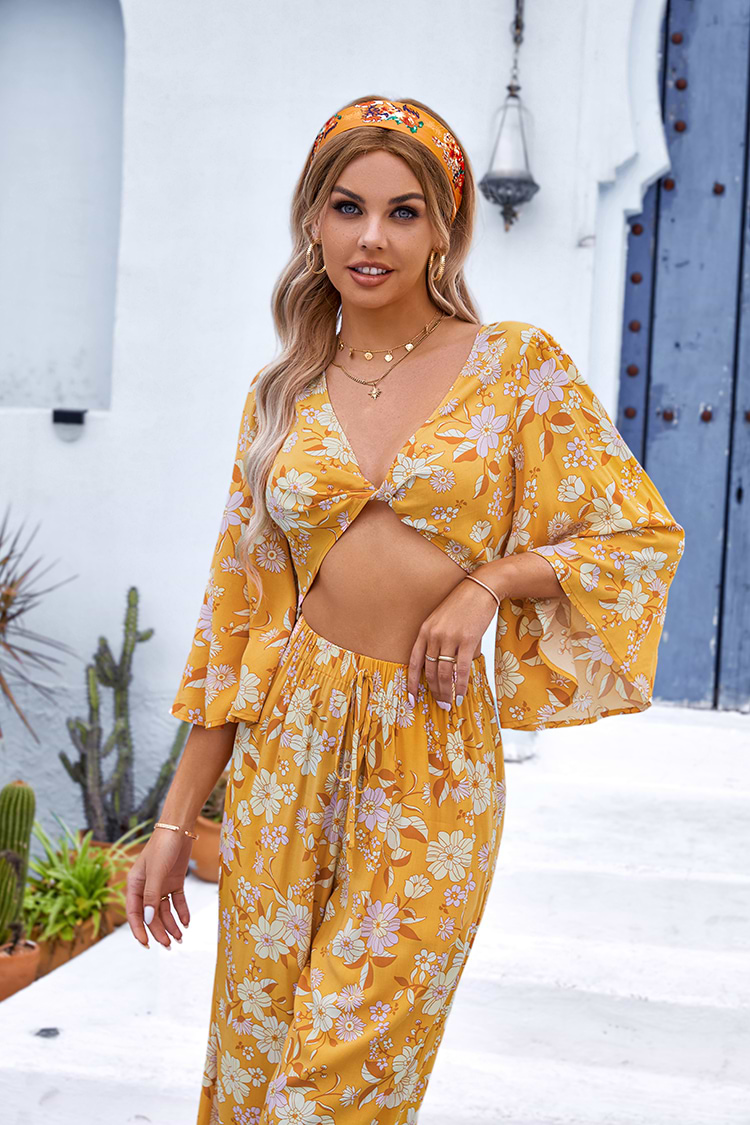 Tief V-Ausschnitt Glockenärmel Elastische Taille Coverup Set