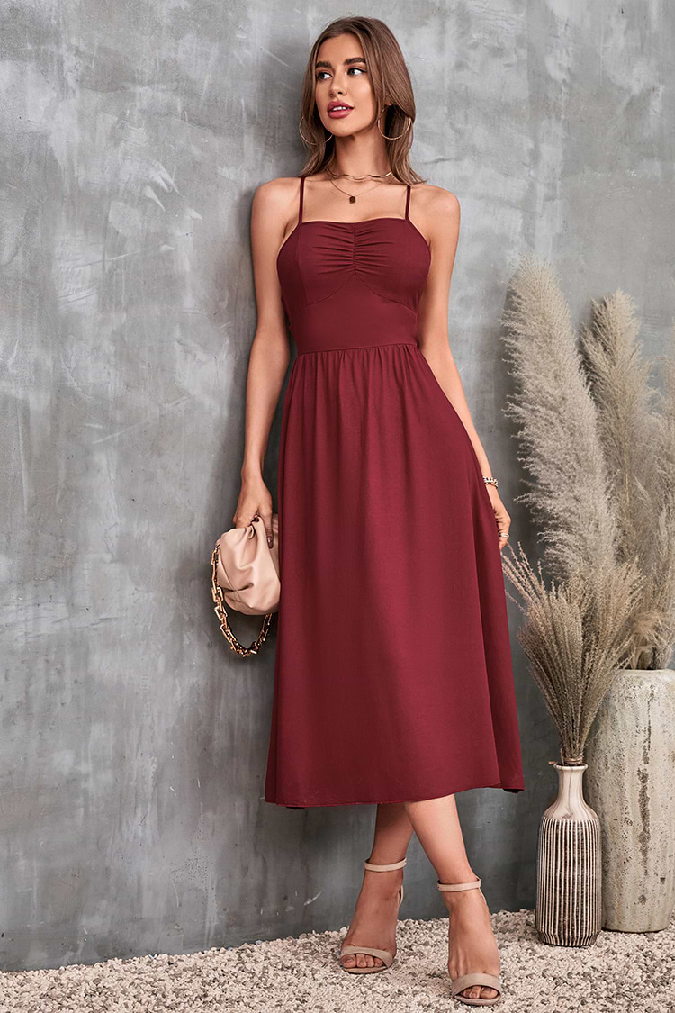 Rotes Rückenfreies Slip-Kleid mit Kordelzug und dünnen Trägern