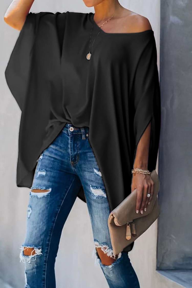 Schwarzes Kurzarm-Oberteil mit V-Ausschnitt und lockerer Taille