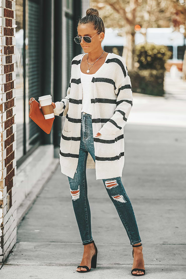 Cárdigan de Manga Larga a Rayas Suelto