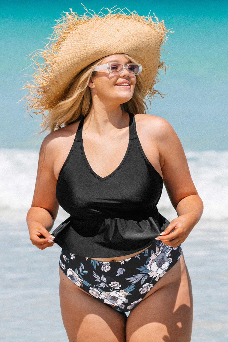 Tankini Top de Tirantes con Peplum Recortado de Talle Grande