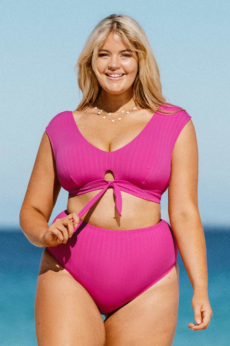 Top bikini bralette rib festoneado mangas de casquillo Talla grande