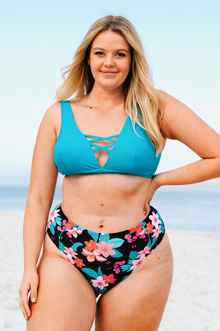 Calzón de bikini para tallas grandes de cintura alta con estampado floral Cynthia