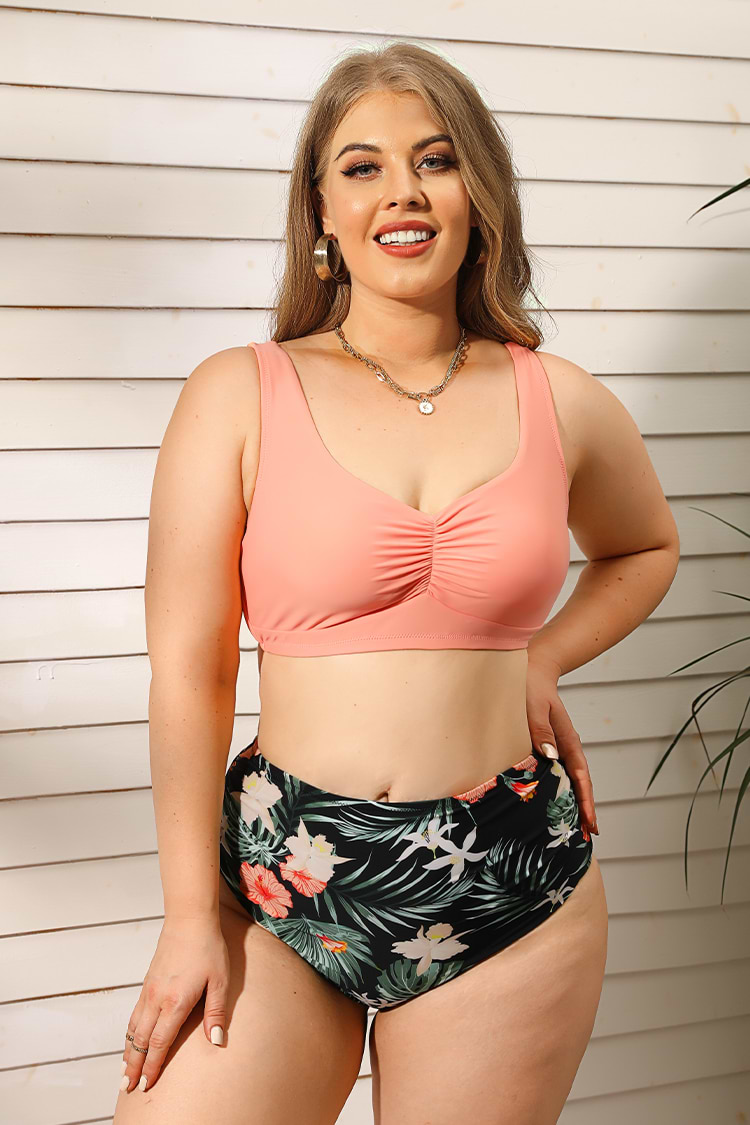 Haut de bikini grande taille froncé rose