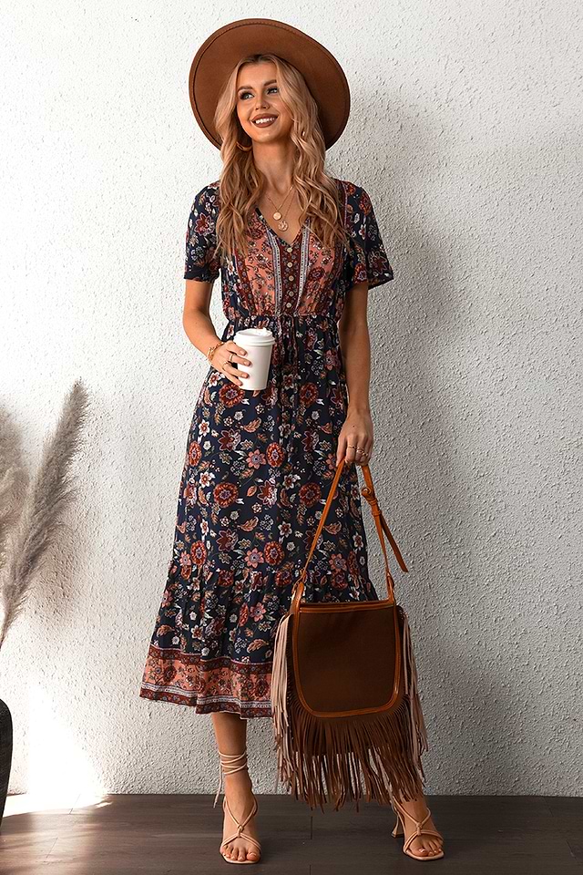 navy blue dress for baby girl Vacation Ready Floral Colorblock A-Line Maxi Dress