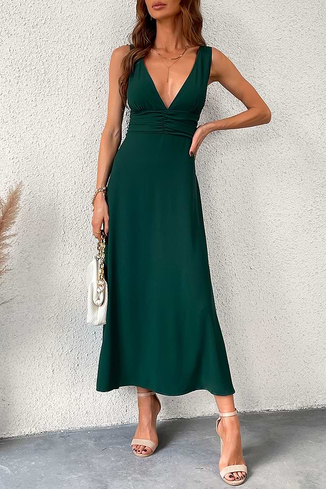 CUPSHE Women's V Neck Emerald Green Maxi Dress Sleeveless Ruching A Line  Dress for Party Bodycon Dress