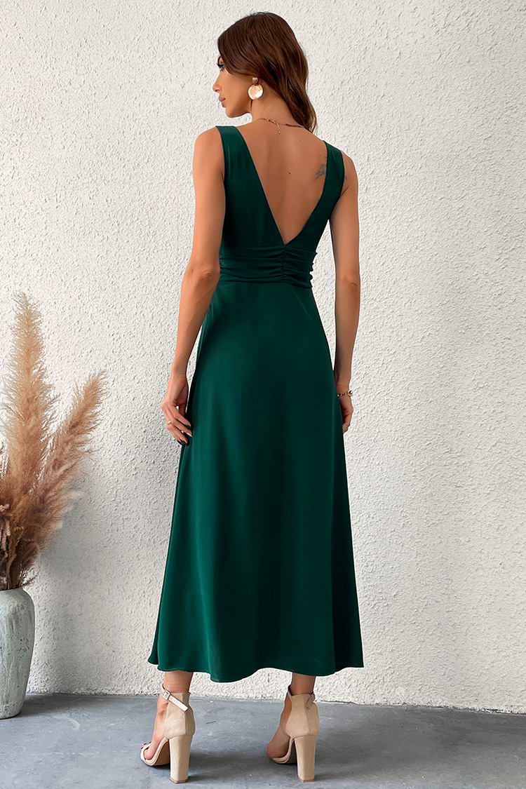 Tiefer V-Ausschnitt Gerüschtes Maxi-Kleid in Grün