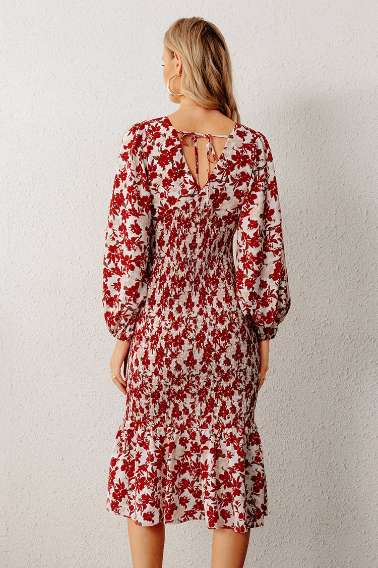Robe midi à volants et smocks à imprimé fleuri