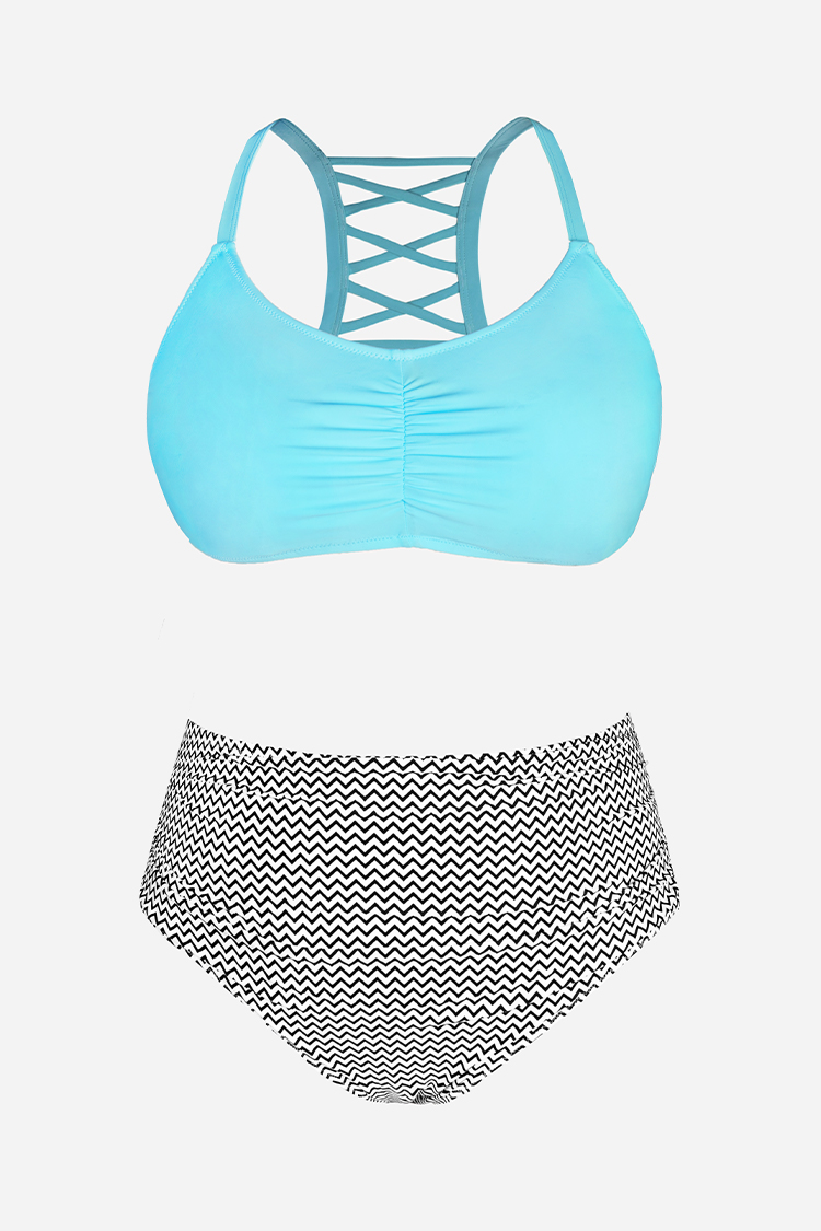 Sky Blue and Stripe Print Plus Size Bikini